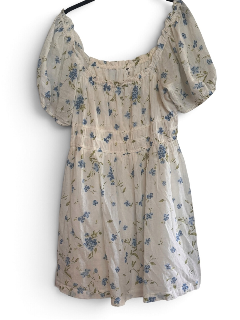 Cream Floral Puff-Sleeve BoHo flowery cottage core Dress with Blue Flowers - Picture 2 of 10